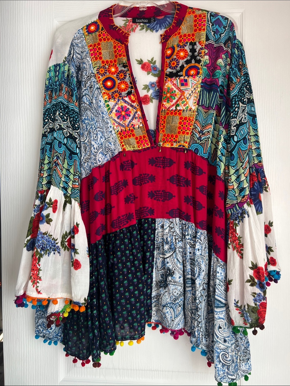 Boohoo Multicolor Patchwork Boho Peasant Top